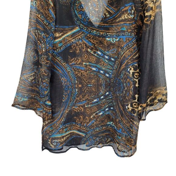Venus Dress Sheer Peasant Resort Beaded V Mini Tunic Kaftan Paisley Brown Sz S/M - Picture 11 of 14
